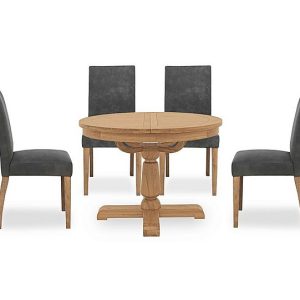 Furnitureland  Augusta Round Extending Dining Table and 4 Cowboy Upholstered Chairs  Grey | Bed Sava
