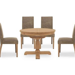 Furnitureland  Augusta Round Extending Dining Table and 4 Cowboy Upholstered Chairs  Taupe | Bed Sava