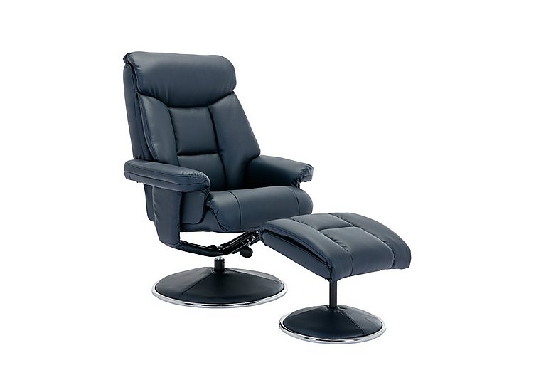 Bruges Faux Leather Swivel Recliner Chair and Footstool - Navy Plush