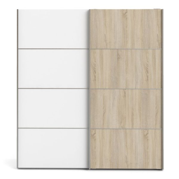 Verona Sliding Wardrobe 180cm in White with White and Oak Doors with 5 Shelves | Bed Sava