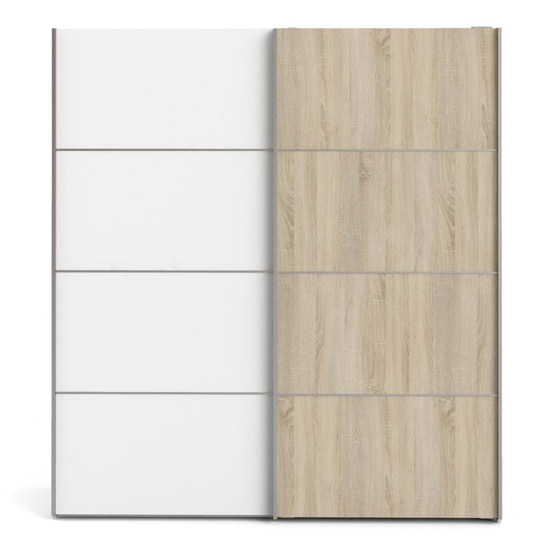 Verona Sliding Wardrobe 180cm in White with White and Oak Doors with 5 Shelves | Bed Sava