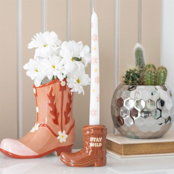 Brown Cowboy Boot Candle Holder with Taper Candle | Bed Sava
