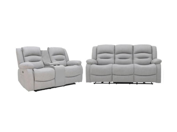 Saxon 3+2 Electric Recliner Sofa Set Light Grey Aire Leather | Bed Sava