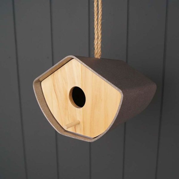 Earthy Anthracite Bamboo Japandi Birdhouse 16cm | Bed Sava