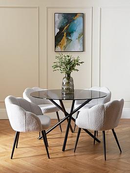 Very Home Angel Glass Top 120 Cm Dining Table With 4 Angel Boucle Chairs - Black/Cream