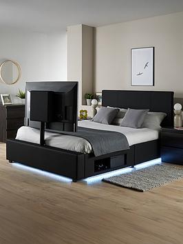 Xr Living Ava Faux Leather King Size Tv Bed Frame With Underbed Led Lighting - Fits Up To 55 Inch Tv - Black