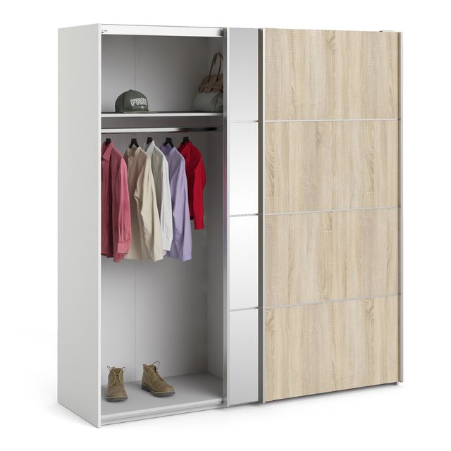 Verona Sliding Wardrobe 180cm in White with Oak and Mirror Doors with 5 Shelves | Bed Sava