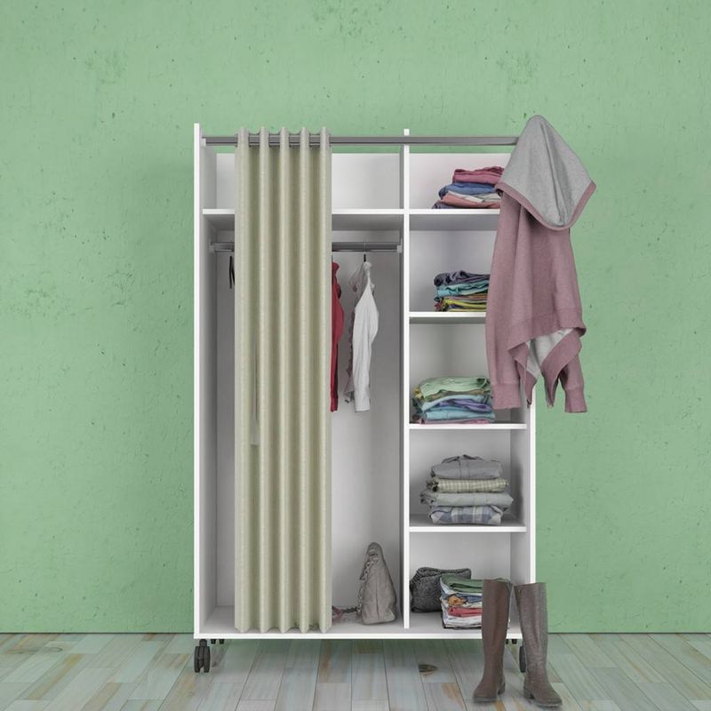 Uppsala Open Mobile Wardrobe Unit in White with a Beige Textile Curtain on Wheels | Bed Sava