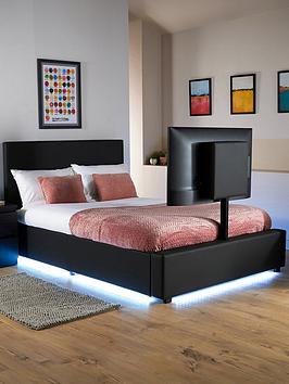 Xr Living Ava Upholstered Tv Bed With Under Bed Lighting - Fits Up To 55 Inch Tv - Black - Small Double