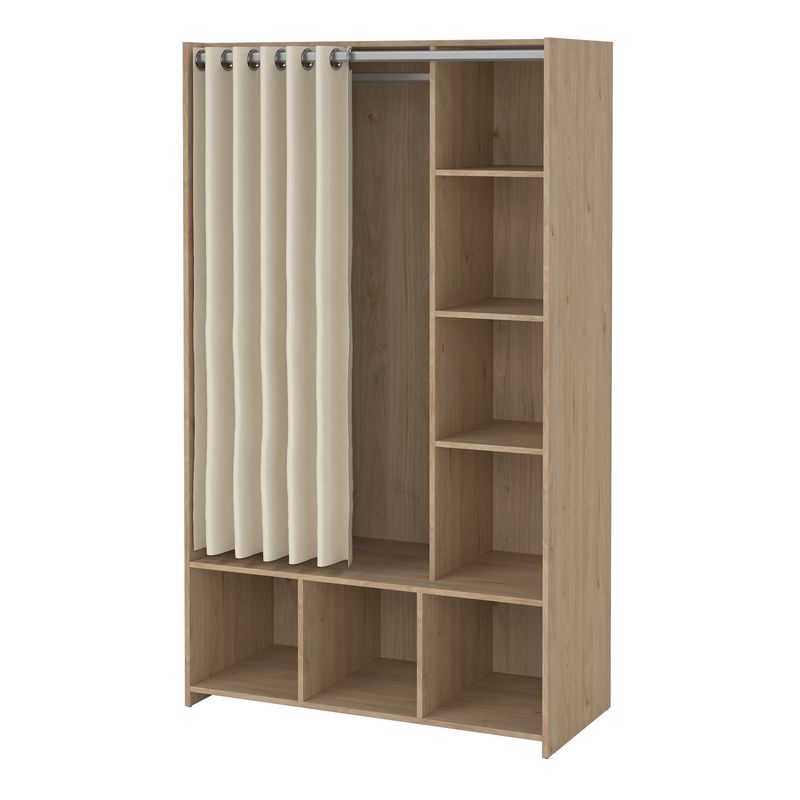 Uppsala Open Wardrobe Unit in Jackson Hickory Oak with a Beige Textile Curtain | Bed Sava