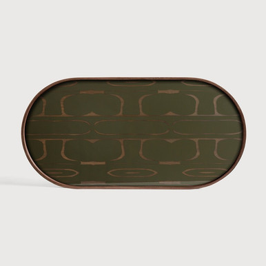 Ethnicraft Second Nature Oblong Tray - Moss Green Hand-Printed Glass with Wooden Base - New - Dawn Sweitzer - 71x36x3 cm