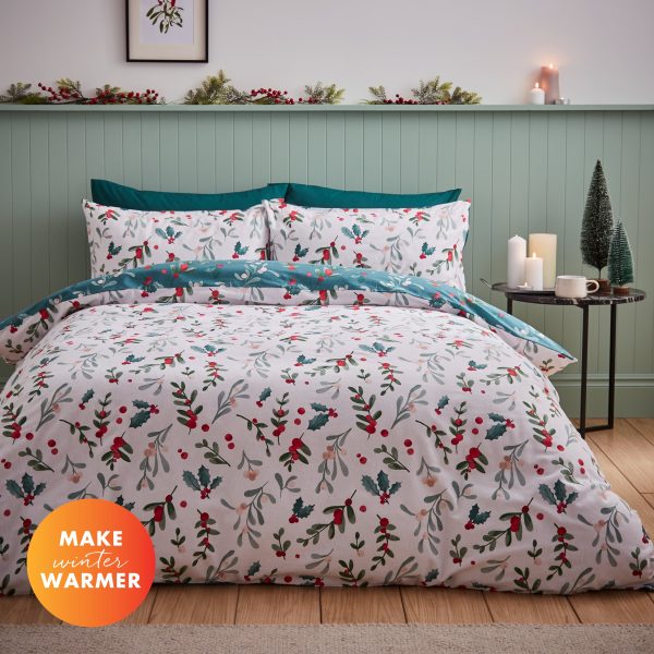 Catherine Lansfield Brushed Cotton Christmas Holly and Mistletoe Duvet Cover Set with Pillowcases | Bed Sava