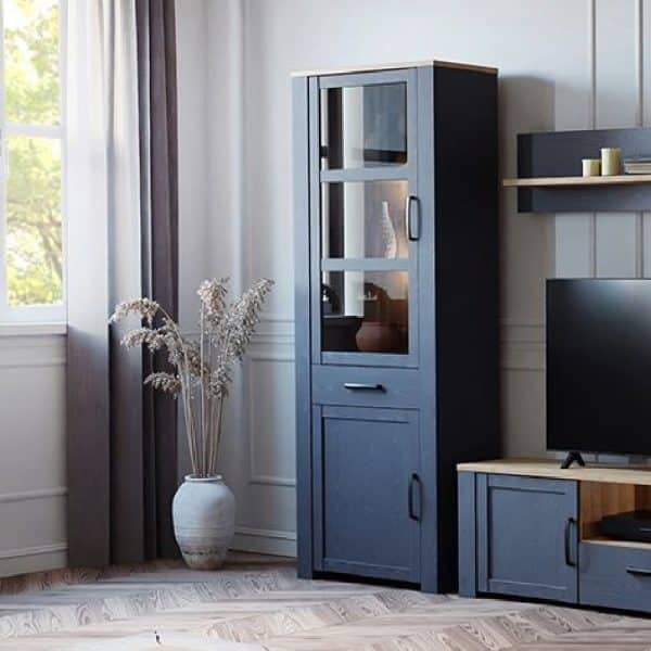 Bemidji LED Wooden Display Cabinet With 1 Drawer In Navy Oak | Bed Sava