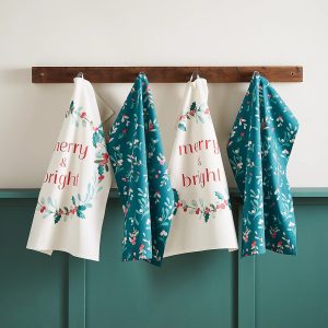 Catherine Lansfield Christmas Holly and Mistletoe Cotton Kitchen Tea Towel Pack of 4 | Bed Sava