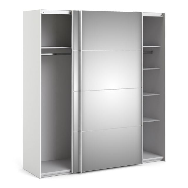 Verona Sliding Wardrobe 180cm in White with Mirror Doors with 5 Shelves | Bed Sava