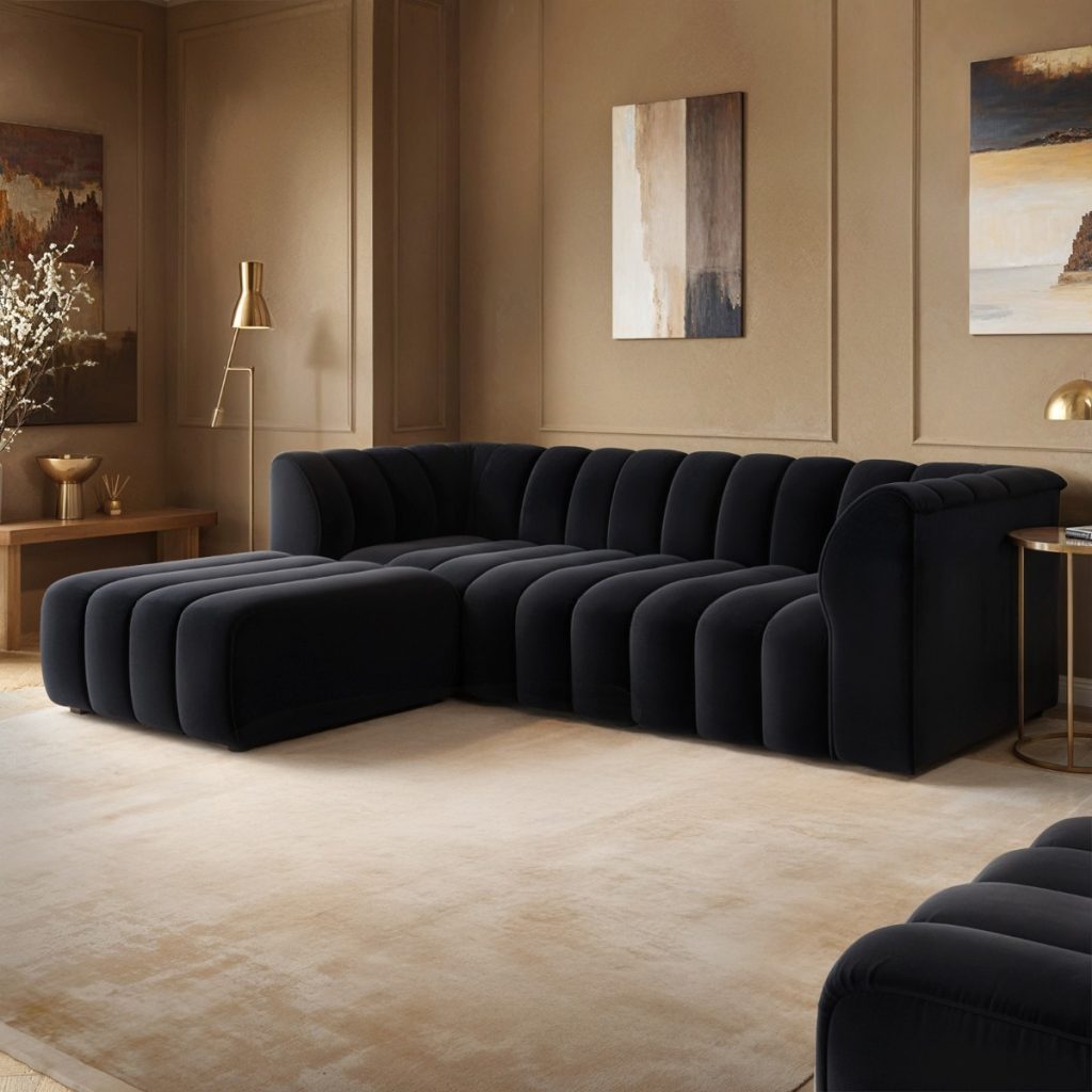 Solace+Co Halle 3 Seater Sofa with Footstool Velvet Black
