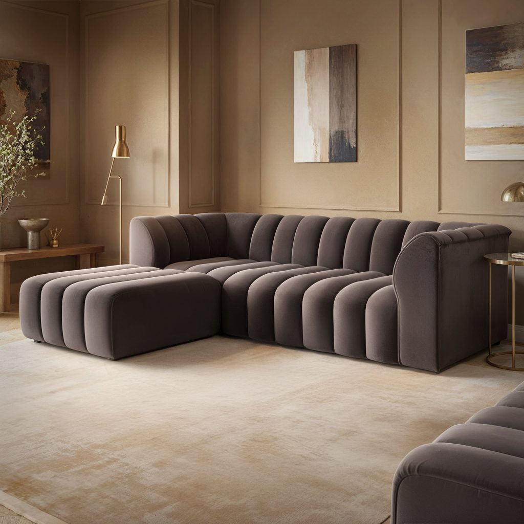 Solace+Co Halle 3 Seater Sofa with Footstool Velvet Brown
