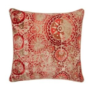 Iznik Red Sustainable Feather Cushion 55cm x 55cm  Andrew Martin Velvet Floral  Kilim | Bed Sava