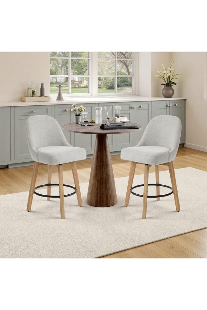 Set of 2 Swivel Bar Stools with Wooden Legs and Round Footrest
