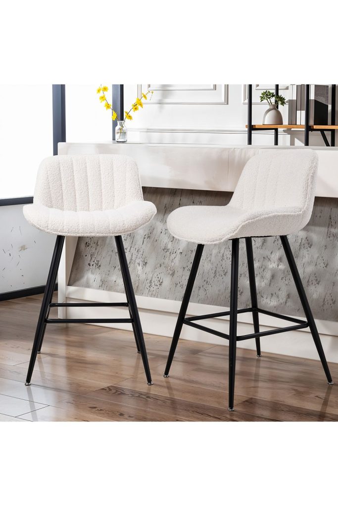 2PCS Sherpa Fleece Upholstered Bar Stools