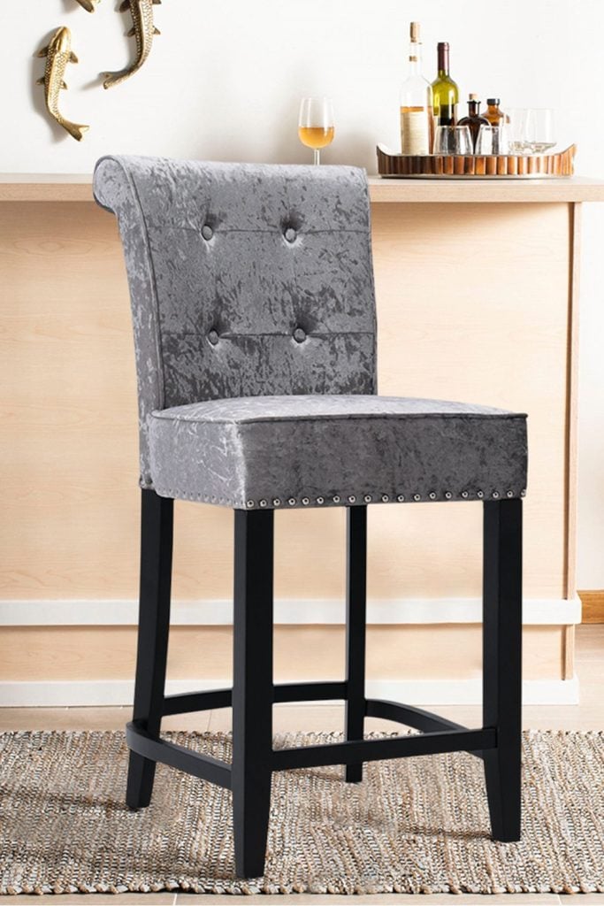 Modern Ice Velvet Tufted Bar Stool with Nailhead Trim
