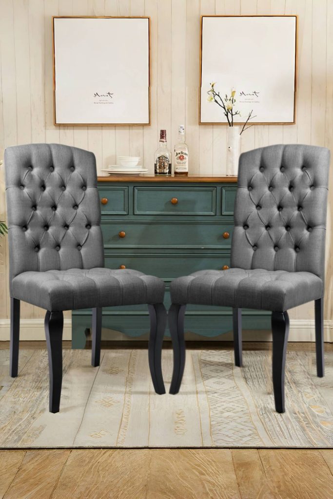 2Pcs Tufted Linen Upholstered Dining Chair for Living Dining Room