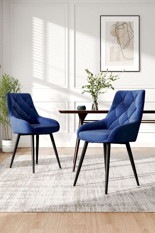 2 pcs Button Velvet Upholstered Dining Chair Dressing Chairs with Metal Legs | Bed Sava