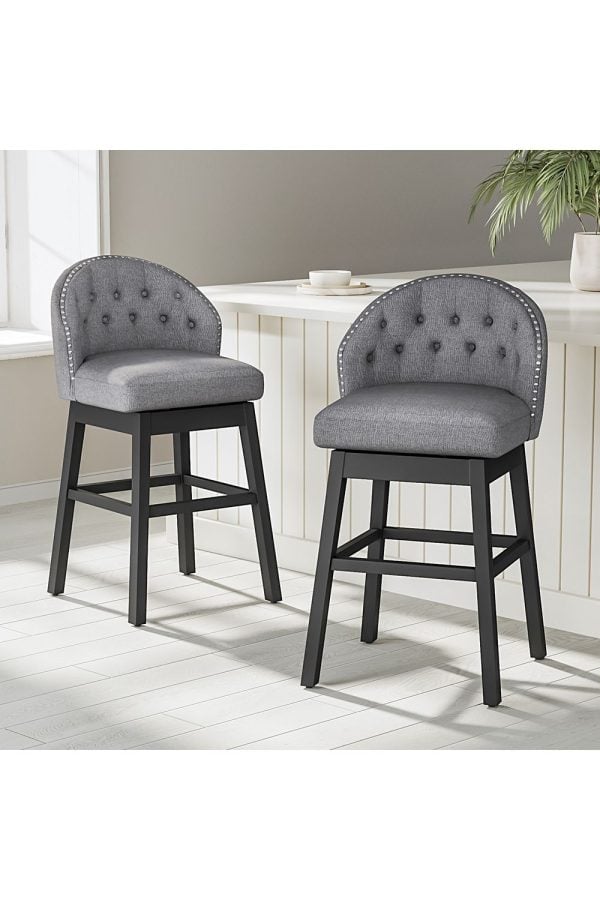 Set of 2 Linen Studded Low Back Swivel Bar Stools | Bed Sava