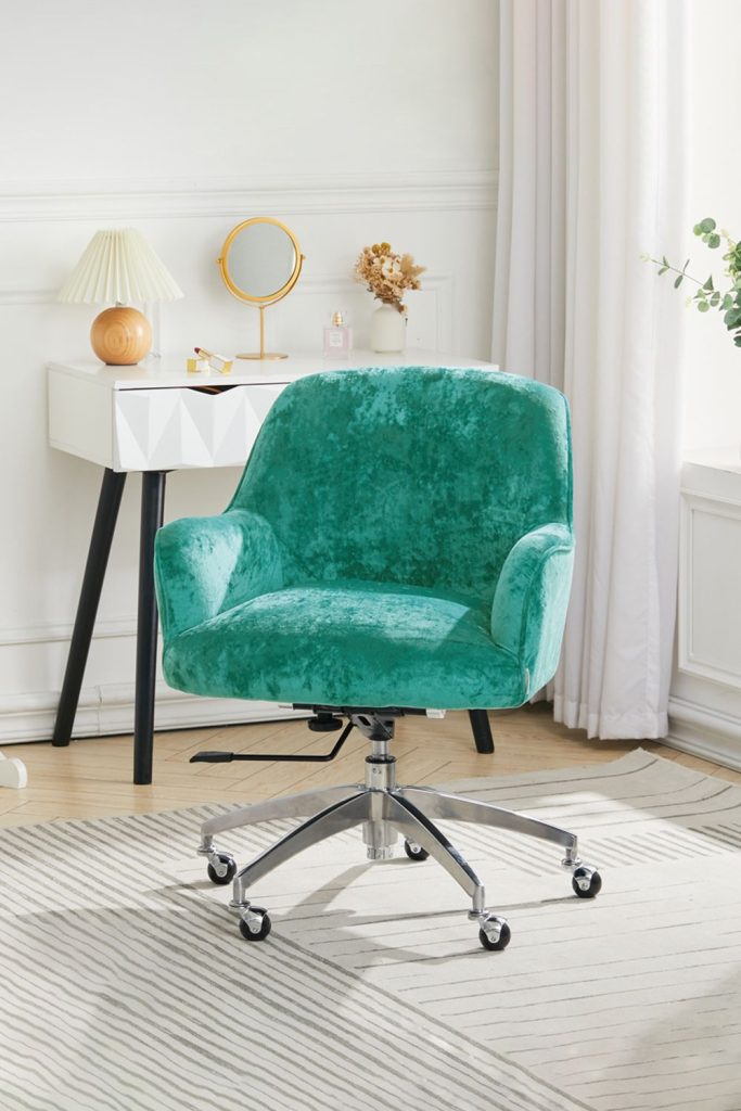 Green Velvet Upholstered Wheeled Swivel Office Chair