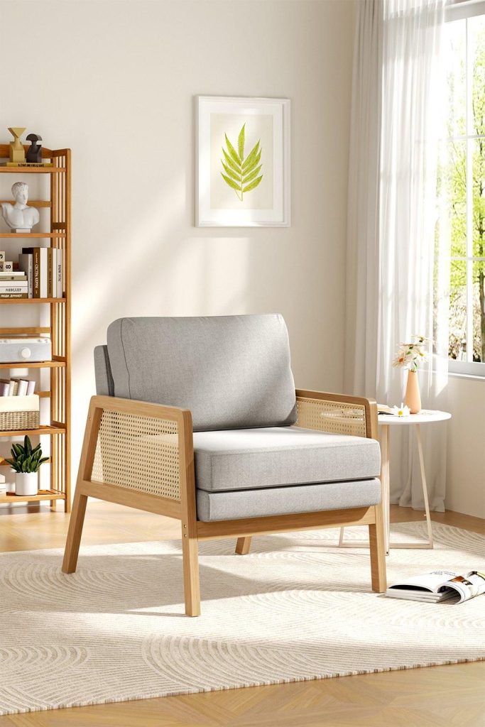 Stylish Wooden Armchair with Natural Rattan