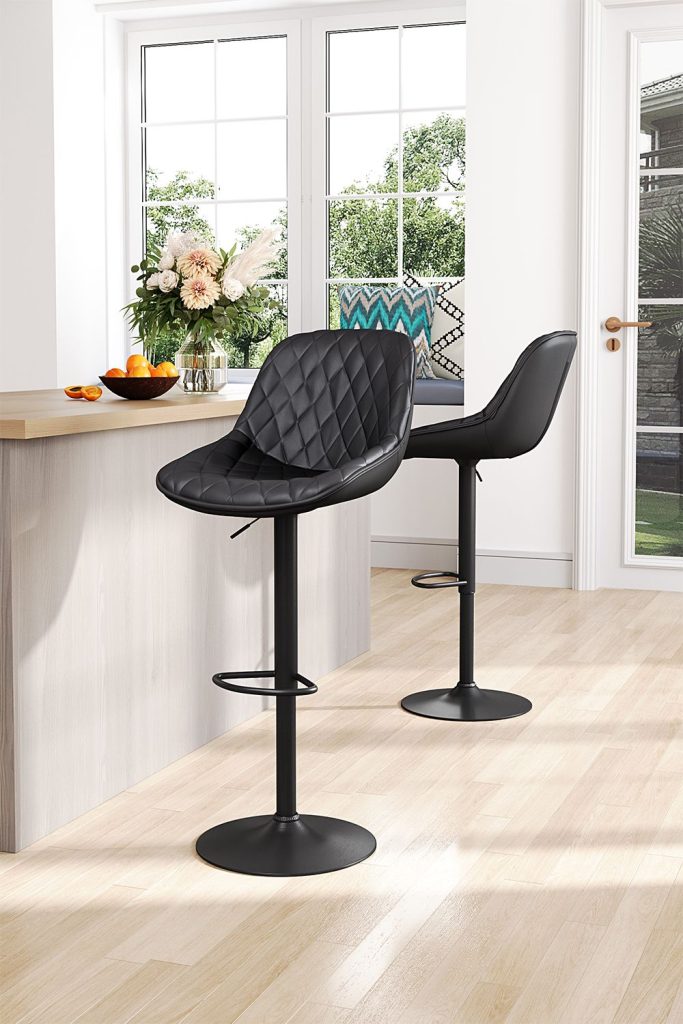 2 Pcs Height Adjustable Bar Stool Faux Leather Diamond Lattice with Footrest | Bed Sava
