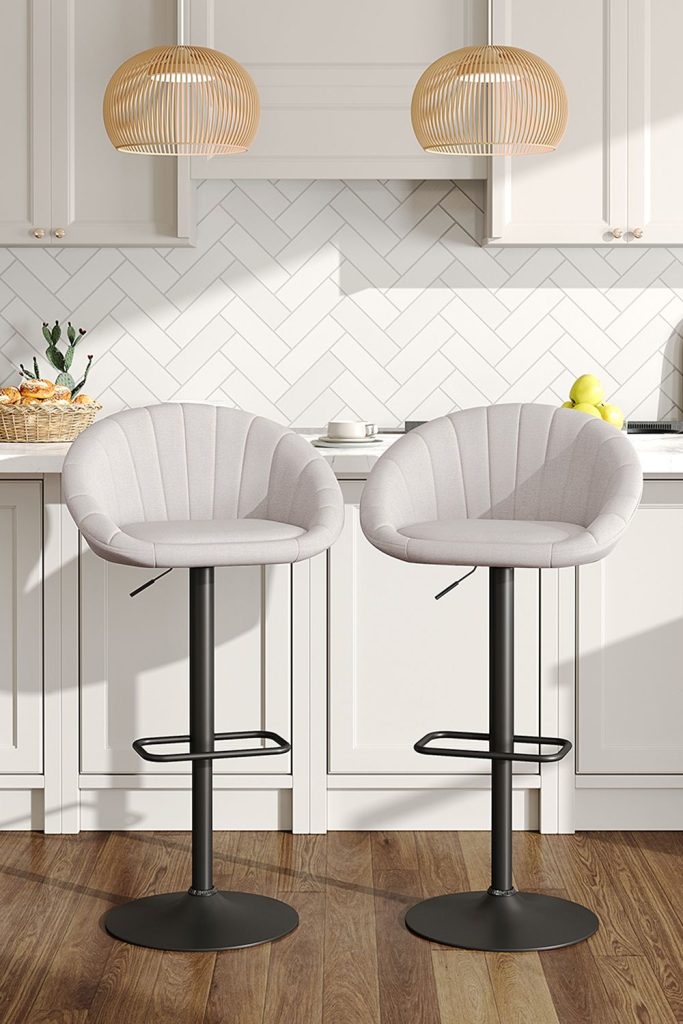 2 Set Chic Linen Swivel Breakfast Bar Stools with Shell Shaped Backrest