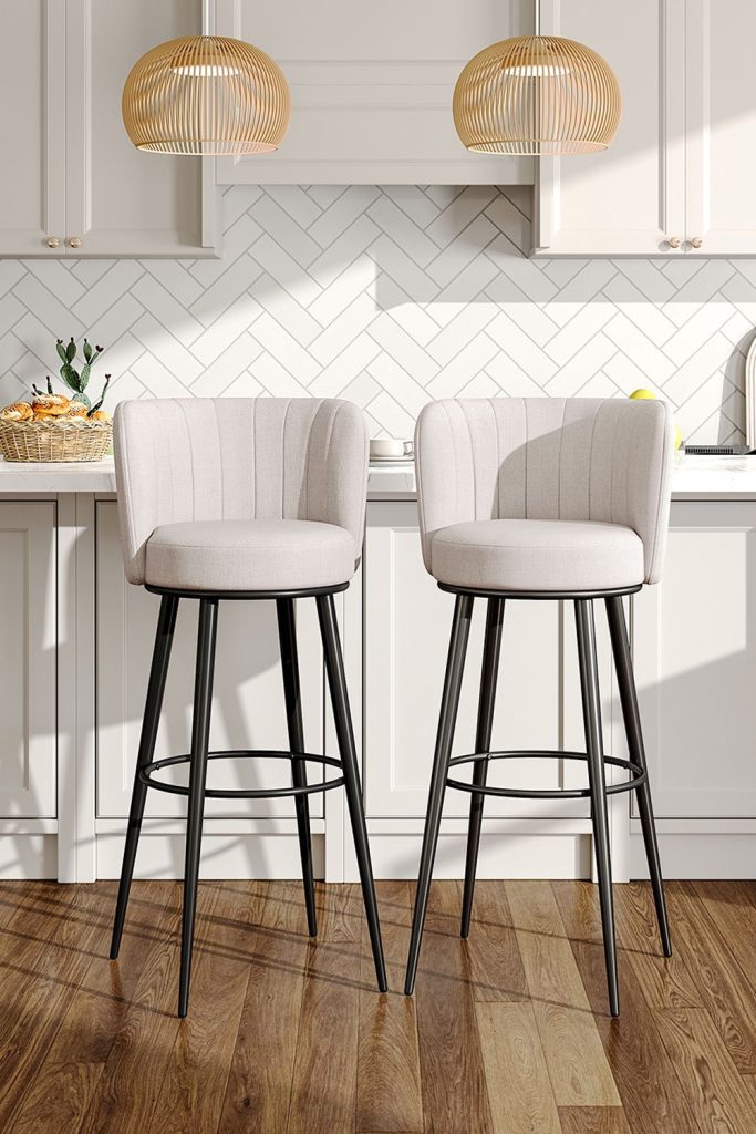 2 Pcs Premium Beige Linen Upholstered Bar Stool | Bed Sava