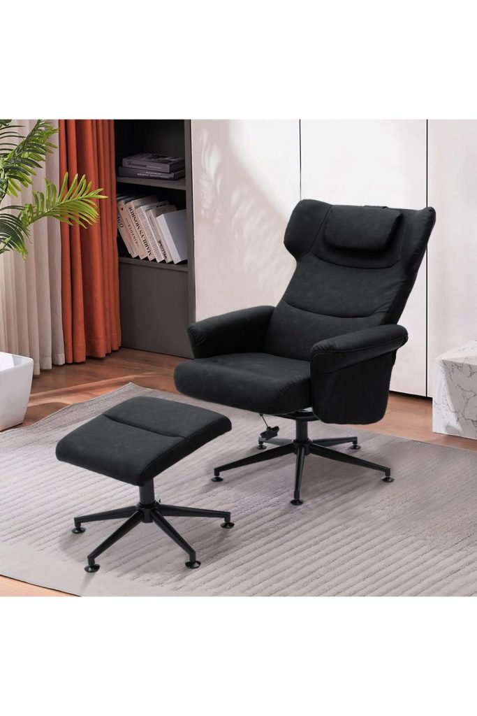 Black Faux Leather Swivel Armchair with Footstool | Bed Sava