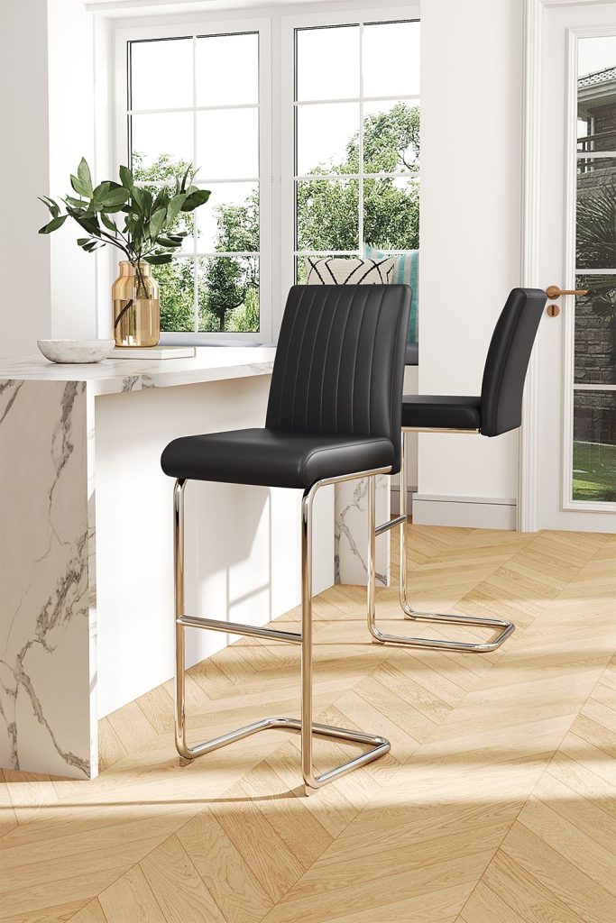 2 Pcs Black PU Leather Upholstered Bar Stools with Backrest  Footrest | Bed Sava