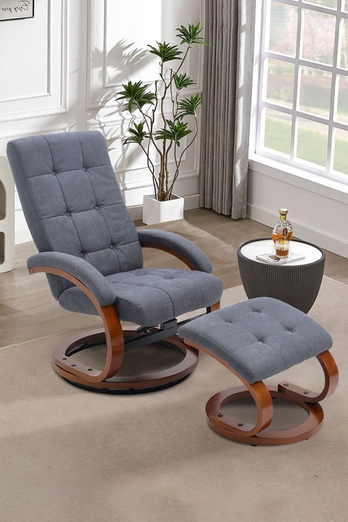 Grey Grid Button Tufted  Swivel Recliner with Footrest