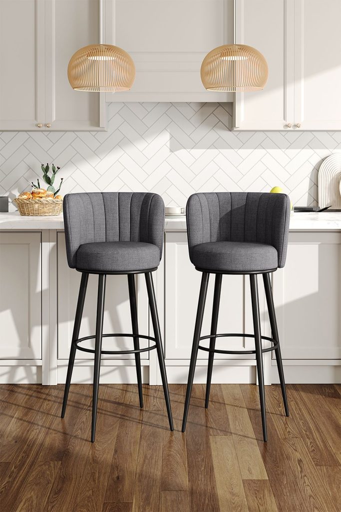2 Pcs Premium Grey Linen Upholstered Bar Stool | Bed Sava