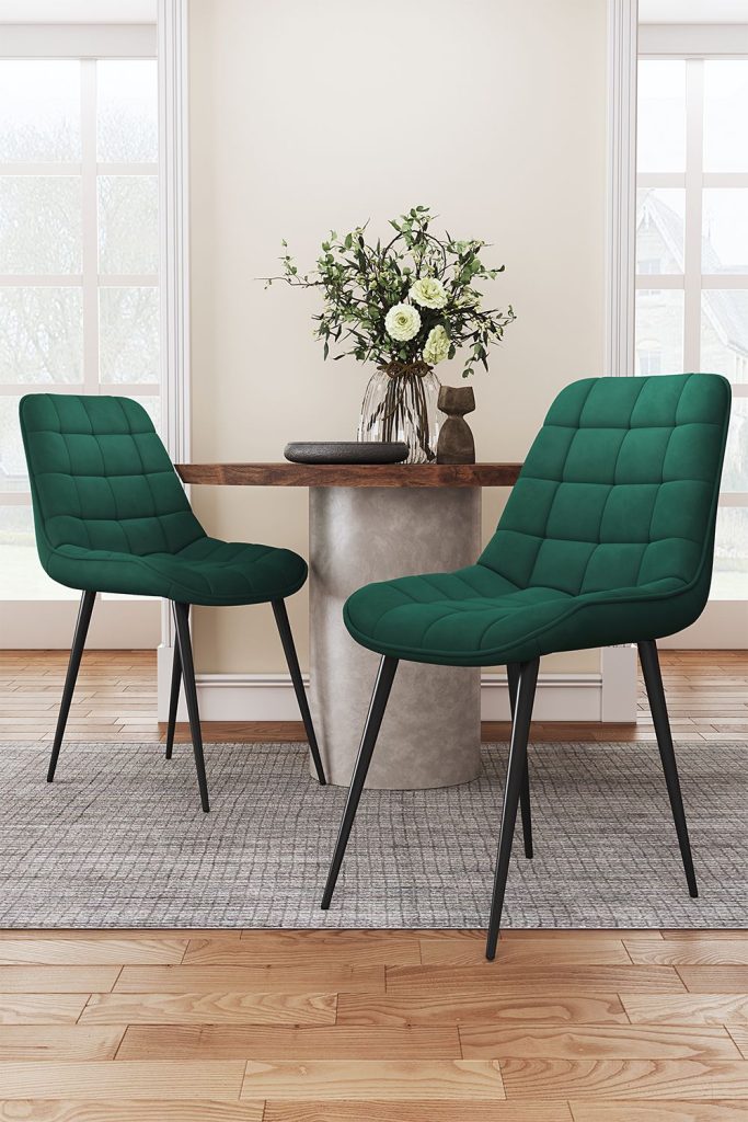 2 Pcs Green Velvet Grid Upholstered Dining Chairs with Metal Legs | Bed Sava