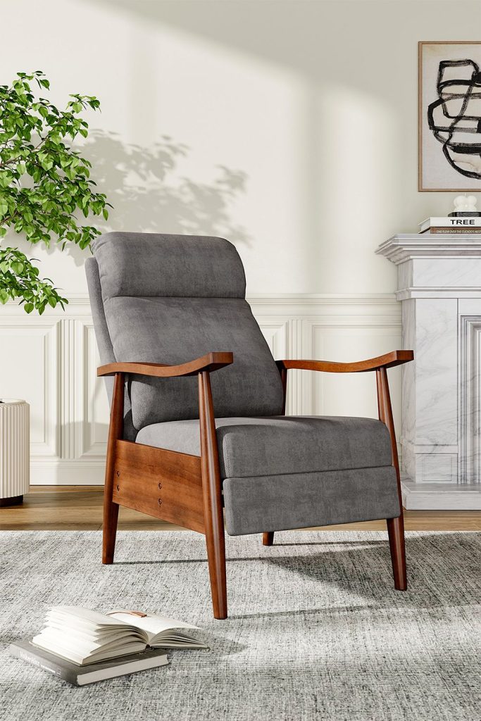 Grey Manual Recliner with Walnut Colored Wooden Armrests