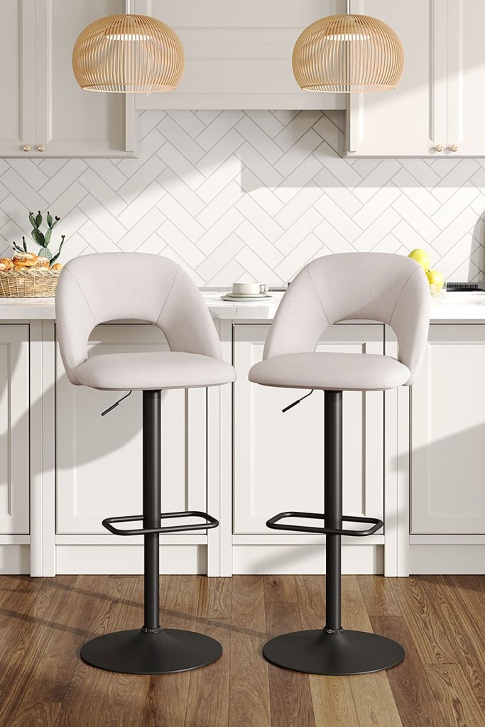 2 Set Beige Linen Height Adjustable Swivel Breakfast Bar Stools for Counter