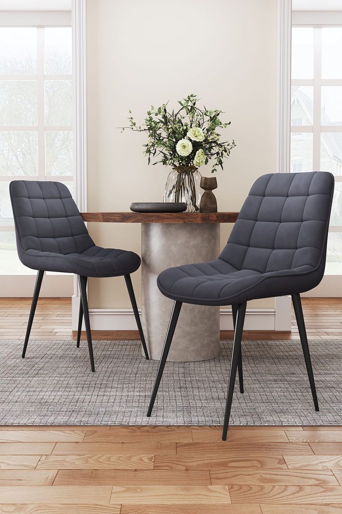2 Pcs Grey Velvet Grid Upholstered Dining Chairs with Metal Legs | Bed Sava