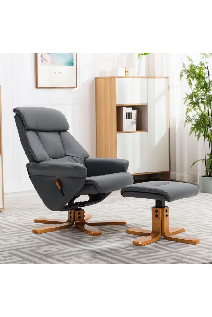 Grey Swivel Faux Leather Lounge Recliner with Ottoman