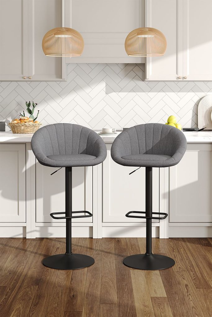 2 Set Chic Grey Linen Swivel Breakfast Bar Stools with Shell Shaped Backrest
