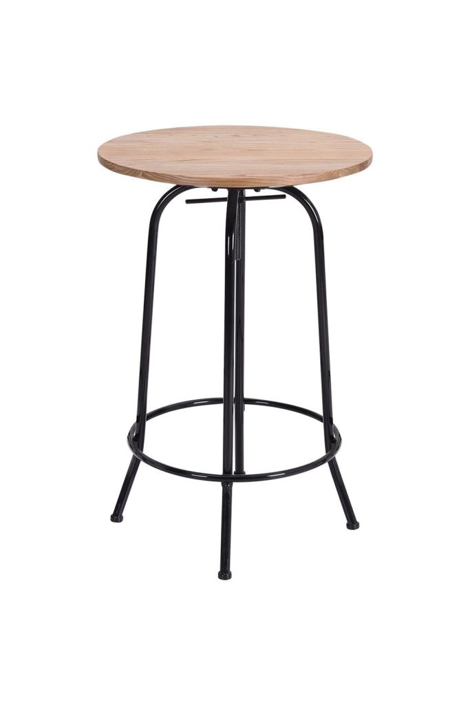 Adjustable Height Round Elm Bar Counter with Metal Legs Log Color Swivel Bar Stool Coffee Table
