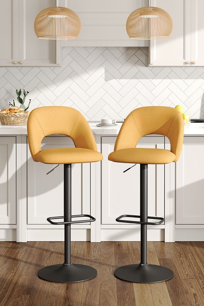 2 Set Bright Yellow Linen Height Adjustable Swivel Breakfast Bar Stools for Counter