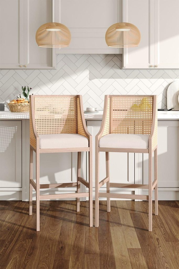 2 Pcs Beige Rattan Bar Stools with Backrest | Bed Sava