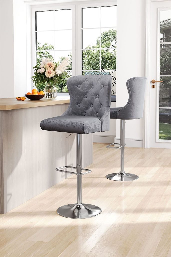 2 Pcs Velvet Upholstered Adjustable Bar Stool with Button Seat Back | Bed Sava