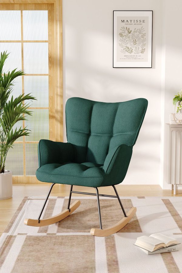 Green Linen Check Tufted Rocking Chair | Bed Sava