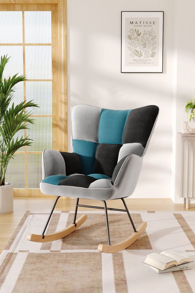 Blue Grey Black Check Tufted Linen Patchwork Rocking Chair | Bed Sava