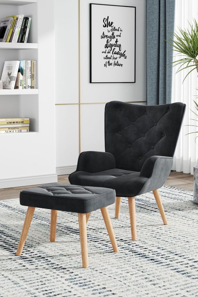 Grey Tufted Wingback Armchair with Footstool and Cushion